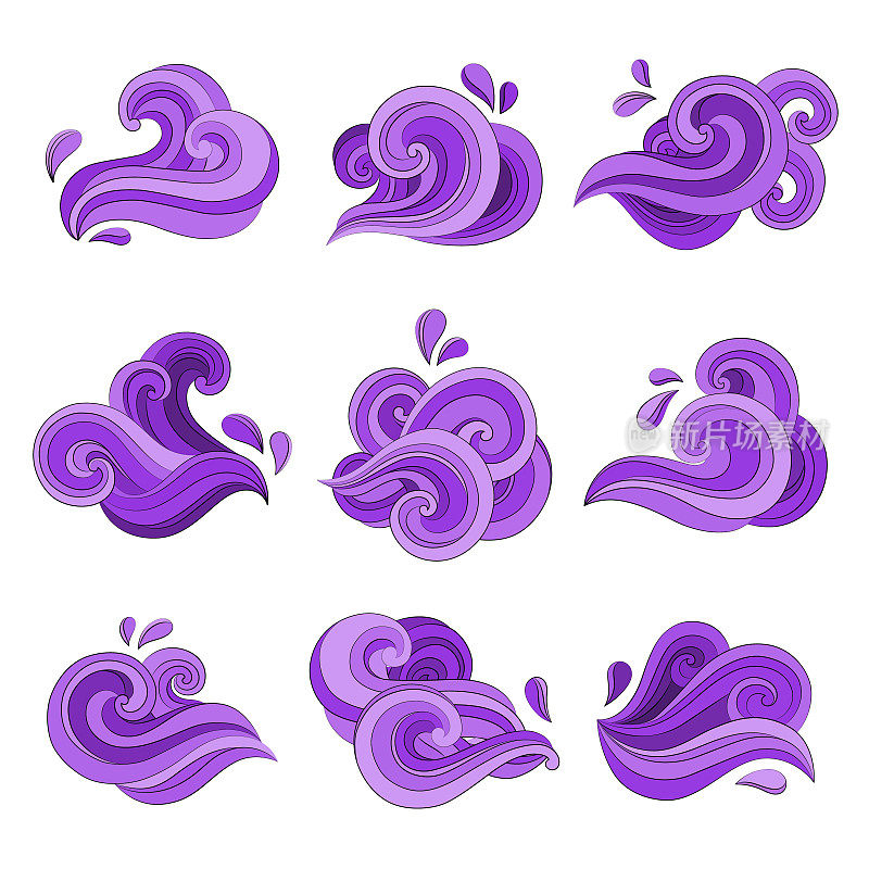 Set of doodle ocean or sea wave, isolated on white. Surfing Water sticker element, hand drawn icon.